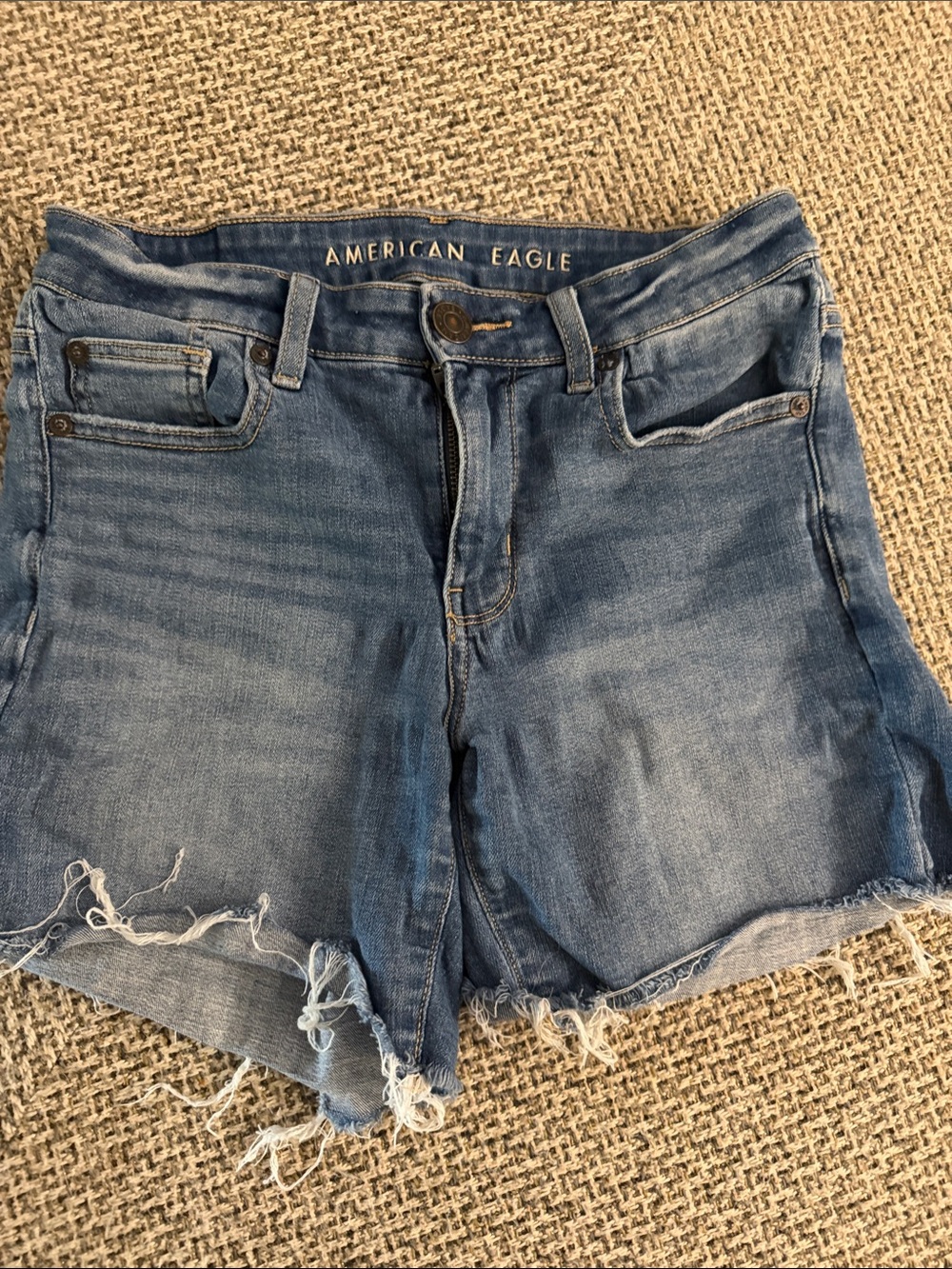 American Eagle Outfitters Medium Blue Distressed Midi Denim Cutoff Shorts